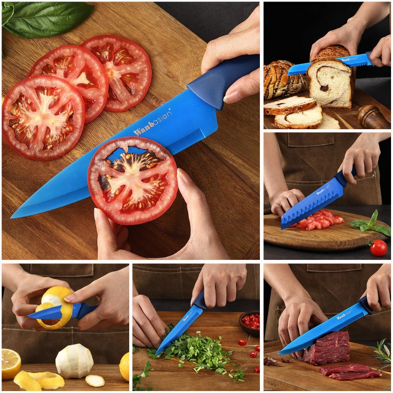 Wanbasion Blue Professional Kitchen Knife Chef Set, Stainless Steel, Dishwasher Safe with Sheathes - Image 3